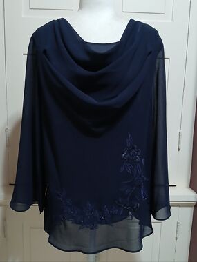 Vintage Fashion Bug Size 14/16 Dark Blue Mesh Embroidered Floral Blouse Top Y2K